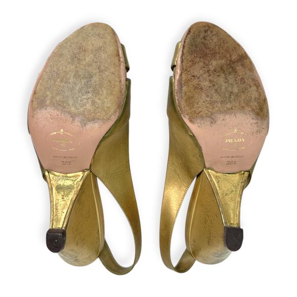 PRADA | US 8.5 / IT 38.5 | Metallic Gold Leather Peep-Toe Slingback Pumps - Picture 10 of 10